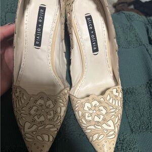 Alice + Olivia Cream Heels with Floral Laser Cut Designs